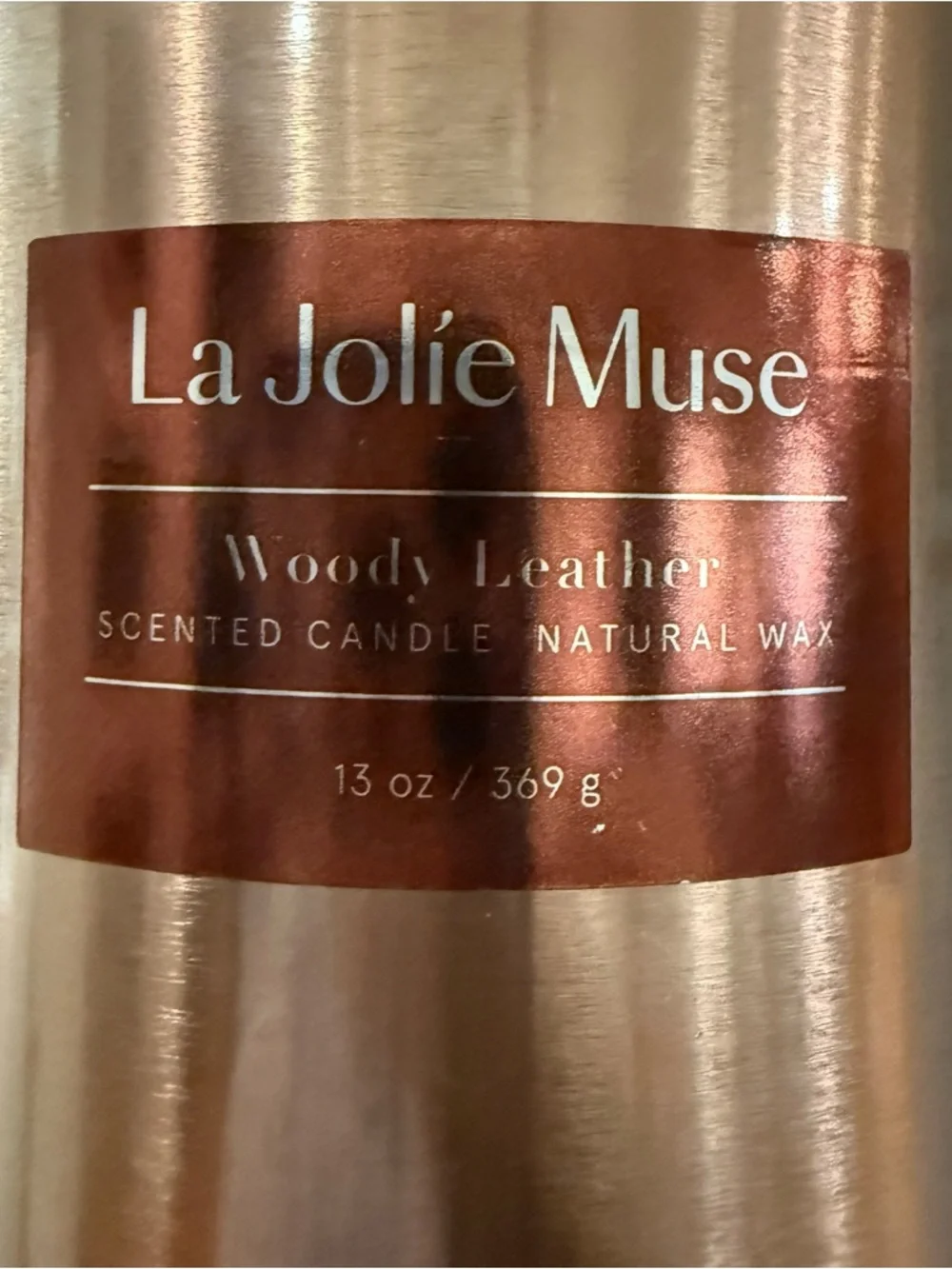 La Jolie Muse WOODY LEATHER Rose Gold Scented Candle in Tin with lid 13 oz